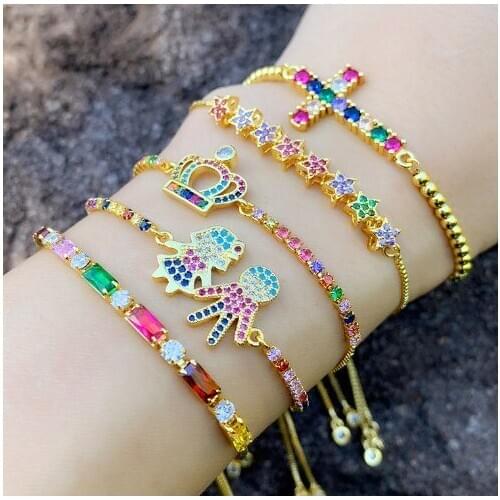Cross boy girl Crown multicolor crystal micro pave cz zircon cubic zirconia Bracelet Adjustable silicone Snake Chain Jewelry s2