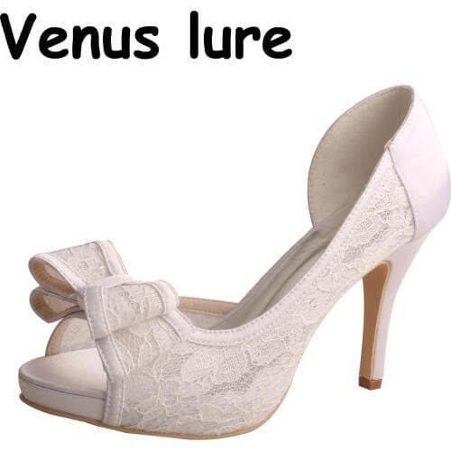 Lace Ivory Bow Shoes for Wedding Women High Heel Peep Toe Pumps