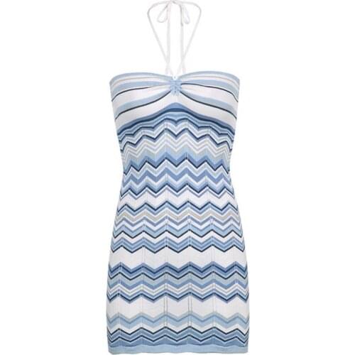 New Stylish Sexy Ladies Halter Dress Wave Stripe Pattern Slim Sexy Women Halter Tube Top Dress for Summer Beach Party Wear