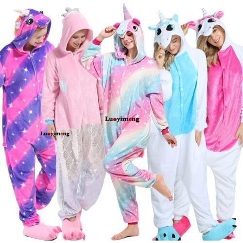 Kigurumi Pajama Adult Animal Unicorn Stitch Onesies Pyjama Women Winter Pajama Sleepwear Flannel Hooded Pijamas Party Costumes