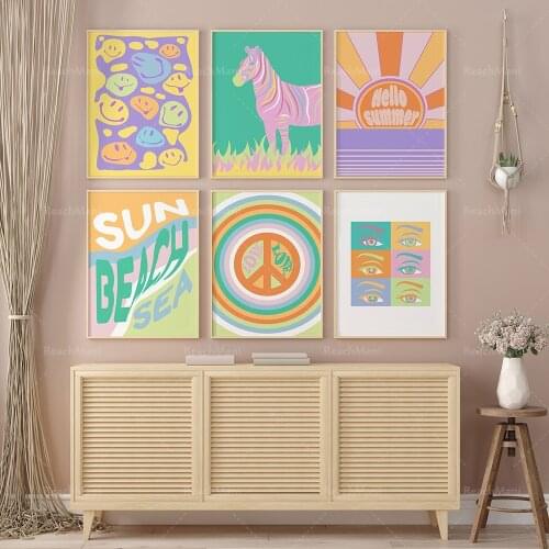 Color print posters 6-piece set, retro print wall art, pastel print childrens room wall art set, bohemian color wall art pack