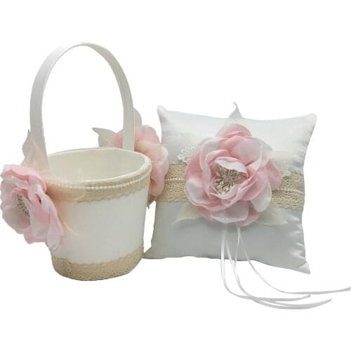 Chic Lace Wedding Flower Girl Basket & Vintage Hessian Ring Bearer Pillow Cushion Set for Wedding Party Bride Decoration