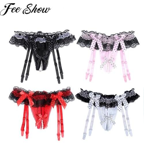 Naughty Womens Sexy Lingerie Hot Erotic Briefs Sissy Panties Pearl Chain Ruffle Lace Open Crotch G-string Crotchless Underwear