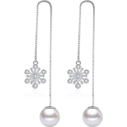 VAE5 925 Sterling Silver Trendy Snowflake Pearl Crystal Female Long Tassel Stud Earrings Jewelry Women Christmas Gift Cheap