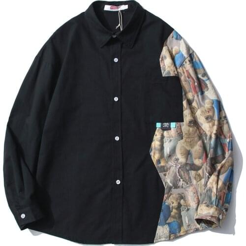 April MOMO 2021 High Street Trend Spring Casual Printed Bear Shirt Jacket Stitching Workwear Long Sleeve Shirt Men