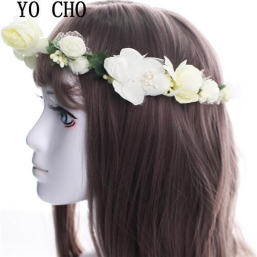 YO CHO DIY wreath Headband Bridal Wrist flower Girls Silk rose Flower Crown Wreath Wedding Bridal Hair Accessories for wedding