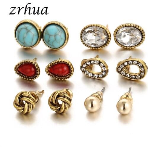 ZRHUA Fashion Earrings Set Women Round Crystal Stud Earring for Women Female Shiny Wedding Engagment Jewelry Wholesale Brincos