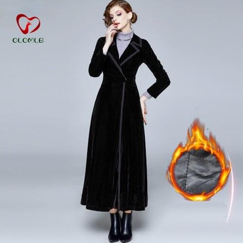 2020 Winter Runway Designer Women Vintage Notched Collar Wrap Black Velvet Maxi Coat Thick Warm Long Trench Coat Outwear