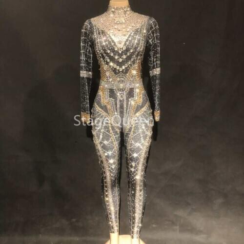 Women Sexy Stage Jumpsuit + Coat Silver Gold Sparkling Crystals Bodysuit Nightclub Party Singer Stage Wear Bling Dance Costumes