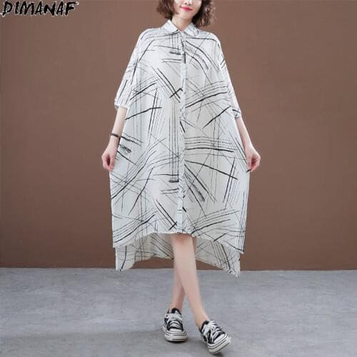 DIMANAF 2021 Oversize Women Shirt Dress Female Sundress Vintage Linen Striped White Cardigan Big Korean Oversize Summer Dress