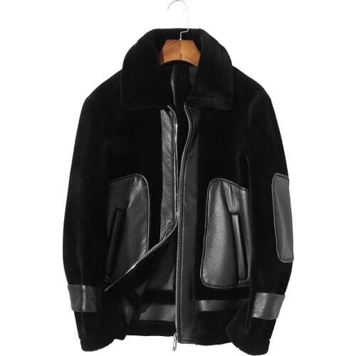 100% Wool Coat Winter Jacket Men Real Sheep Shearling Fur Coats Streetwear Mens Leather Jacket Plus Size P-1-7331 MY1581