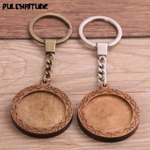 2pcs 30mm Round Wood Cabochon Settings Metal Keyring Accessories Diy Blank Wooden Base Trays For Key Chain