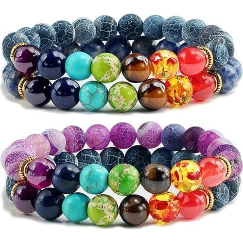 2pcs/set 7 Chakra Buddha Bracelet Tiger Eyes stone bracelets Lava Healing Yoga Elastic Bangles Jewelry Couples Bracelet Pulseras