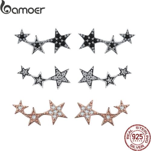 BAMOER Authentic 925 Sterling Silver CZ Exquisite Stackable Star Earrings for Women Jewelry Valentines Day Gift SCE175