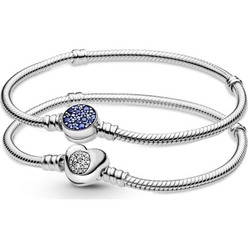 100% 925 Sterling Silver Moments Pave Heart Sparkling Blue Disc Clasp Snake Chain Bracelet Fit Fashion Bangle Bead Charm Jewelry