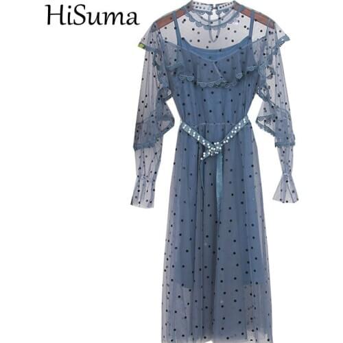 HISUMA Summer Women Flare Sleeve Dot Mesh Gauze Ruffle Midi Dress Lady Pearl Bead Belt Elastic Slim Waist Lace Flower Chic Dress