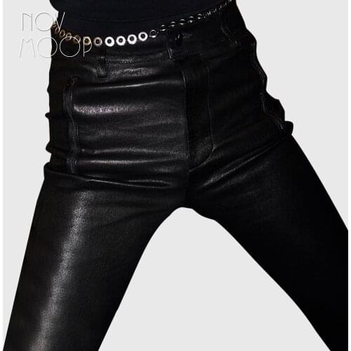Novmoop imported sheepskin genuine stretched leather women pensil skinny pants chic fashionable french style LT3522