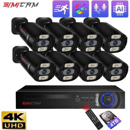 SIMICAM 4K POE Security Camera System 8MP H.265 IP Audio Human detection Color Full Night Vision IP67 Weatherproof Metal NVR Kit