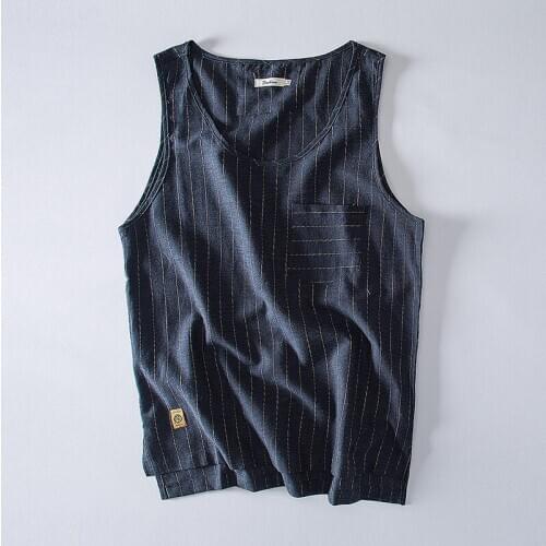 Hot Sale Summer Flax Stripe Elastane Tank Tops Loose Mens Fashion Street Wear Chinese Style Casual Quick Dry Sport Fitness Vest