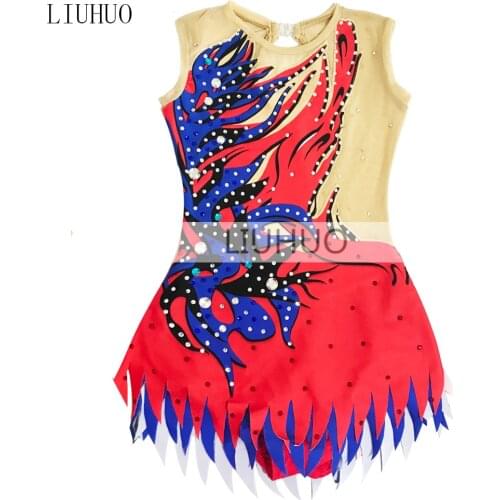 Girl Women rhythmic gymnastics performance suit Artistic gymnastics dress Round neck sleeveless Red purple pattern