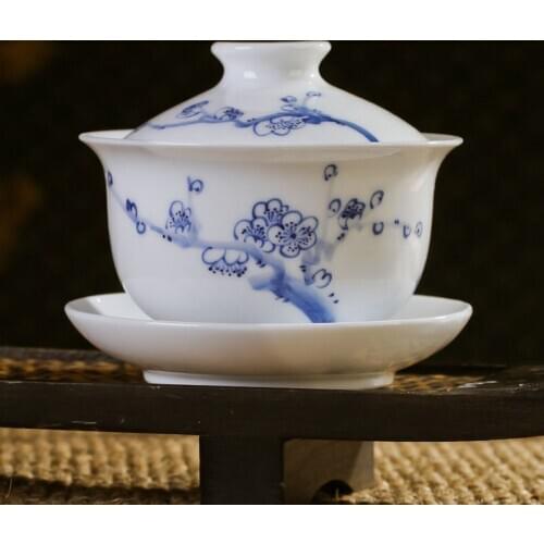 Blue and White Porcelain Tea Cup / Gaiwan with Traditional Chinese Handpainted Plum Blossom Painting CN-01-022