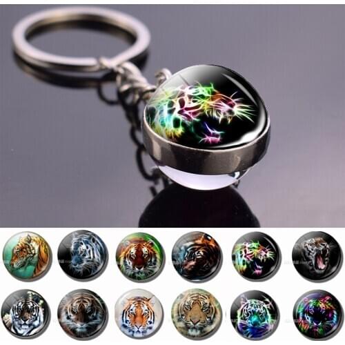 Ferocious Tiger Pattern Glass Ball Keychain Fashion Double Side Glass Pendant Jewelry key chains Tigers Accessories Men Gifts