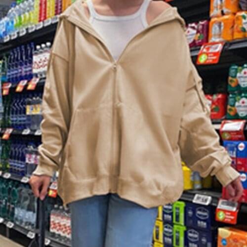 Harajuku zip up hoodies mulheres manga longa baggy sweatshir bolso cardigan outono casual sólido streetwear moda korean fashion