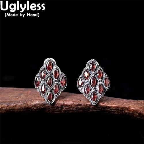 Uglyless Rhombus Creative Studs Earrings for Women Garnet Red Square Earrings Thai 925 Silver Brincos Exotic Fashion Jewelries