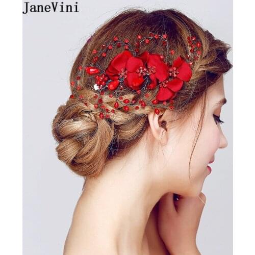 JaneVini Red Silk Flower Hairpins Beading Bridal Headband Crown Headpiece Brides Headdress Wedding Jewelry Hair Accessories 2019