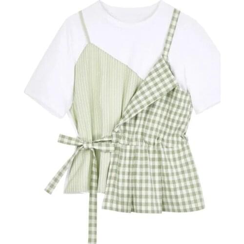 Short T-shirt Two Piece Stitched Women Short Sleeve T-shirt Stripe O Neck Fashion Female Tops Large Size Cotton Bottoming Shirt