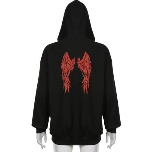 Womens jacket Cardigan y2k wings printing Goth Oversized Hooded Grunge Sweatshirt with zipper Womens winter jacket harajuku