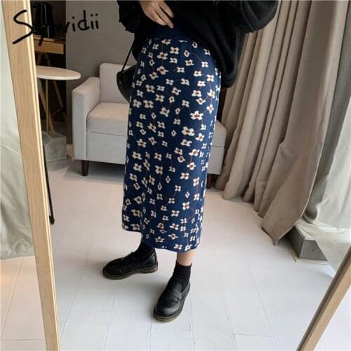 Syiwidii Vintage Floral Print Knit Skirts for Women Elastic High Waist Fall Winter 2021 New A Line Casual Midi Skirt Blue Black