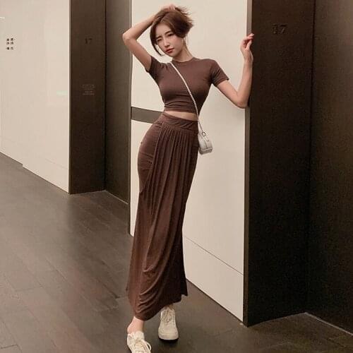 Vintage Women Streetwear Solid Casual Short Sleeve Short Tops T-Shirt Blouse High Waist Folds Long Skirt Female 2 Pieces Set