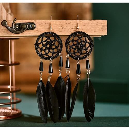Feather Fringed Dreamcatcher Long Earring for Women Red Blue Black Feather Tassel Earrings Handmade Boho Ethnic Earings Jewelry