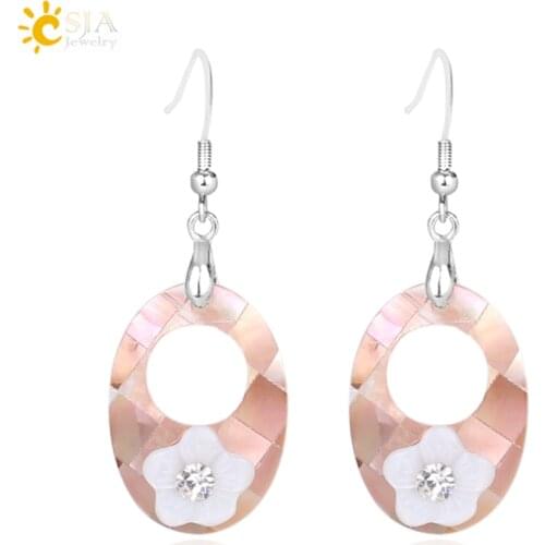 CSJA Natural Mother of Pearl Shell Drop Earrings for Women Ladies Cubic Zirconia Flower Statement Earrings Bohemian Jewelry E840