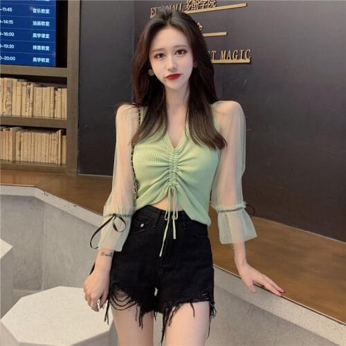 Woman Sweaters Pullover Spring and Autumn 2021 Drawstring Mesh V-neck Patchwork Pullover Knitted Top Femme Chandails