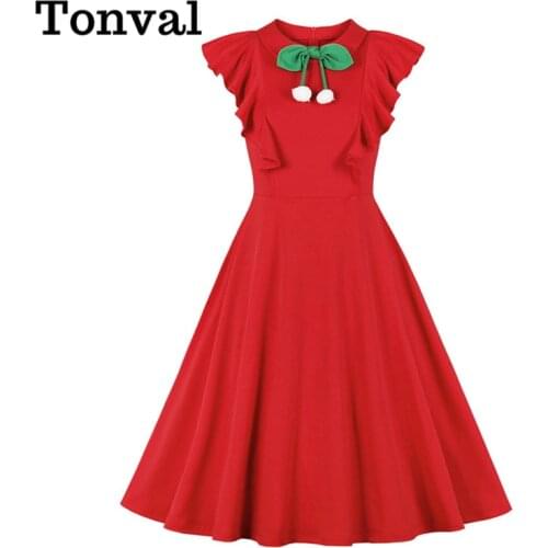 Tonval Bow Neck Vintage Style Ruffle Armhole Women Red Dresses Summer 2021 Ladies Sleeveless Cute Midi Swing Dress