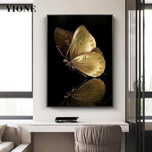 Golden Butterfly Canvas Poster Modern Luxury Wall Art Prints Black and Gold Animal Painting Pictures for Living Room Bedroom