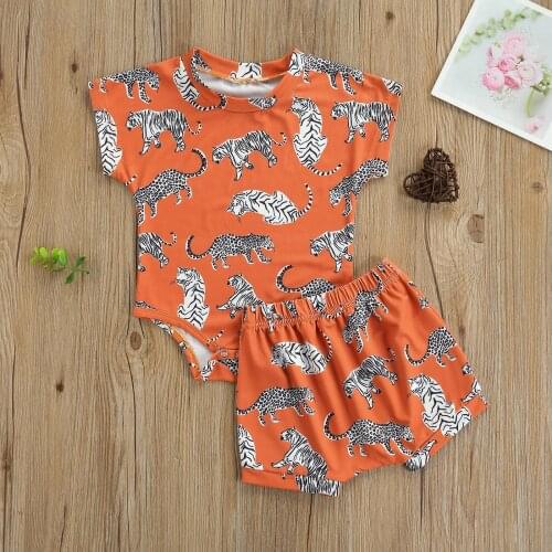2Pcs Baby Boys Clothes Summer Infant Creative Cartoon Tiger Leopard Printing Short Sleeve Round Collar Romper + Shorts Set