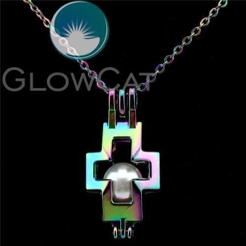 C513 Rainbow Color 30mm Cross Beads Cage Essential Oil Diffuser Aromatherapy Pearl Cage Locket Necklace Women Girl Gift