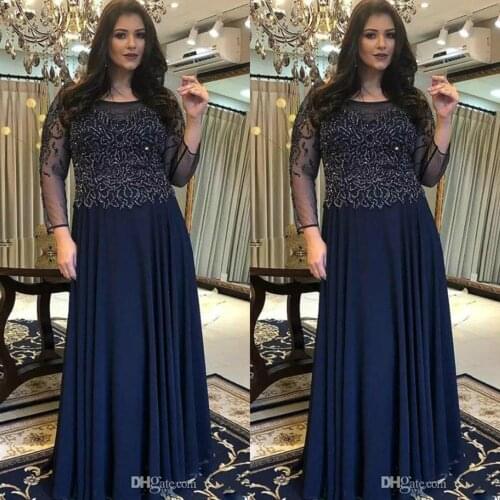 Elegant Mother of the Bride Dresses Jewel Long Sleeve Floor Length Beads Chiffon Mother Wedding Guest Gowns 2020 Evening Dress