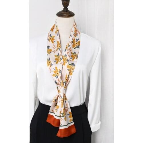 Fashion Handle Bag Hair Head Acessories Ladies Flower Printed Imitated Silk Small Narrow Neckchief Tie Long Scarf