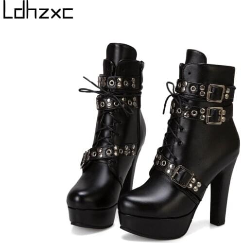 LDHZXC Fashion Design Women High Heeled Shoes Black Colors Lace-up Platform Female Motorcycle Boots Round Toe Fur Winter Boots