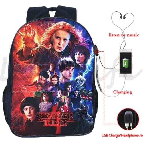 2021 New Movie Stranger Things 4 USB Charging Backpack Travel Rucksack Anime School Bags for Teenager Boys Girls Men Laptop Bags