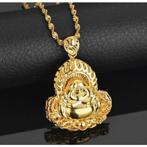 New Fashion Gold Color Chinese Style Buddha Copper Necklaces Bodhisattva Pendant Necklace For Men Women Jewelry Gift