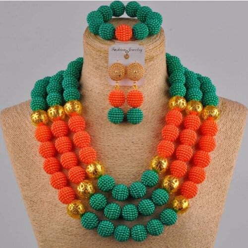 24 inches teal green orange simulated pearl necklace african jewelry set nigerian wedding beads FZZ43
