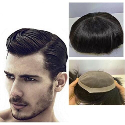HairPiece Wig Men Toupee Human Hair Natural Handmade Mens Toupee Soft Thin Super Lace Mono PU Replacement Systems Straight Black