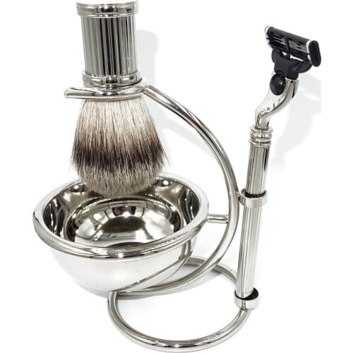 WLONG Silvertip Pure Badger Hair Shaving Brush Set with Metal Handles and Germany Original 3-Blade Razor