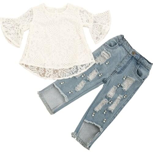 1-5Years Toddler Girls Casual Clothes Sets Round Neck Flared Sleeve Flower Leaves Lace Tops + Ripped Jeans