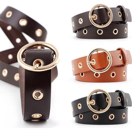 Women Round Buckle Eyelets Adjustable Faux Leather Belt Jeans Pants Waistband Women Punk Chain Fashion Belt Apparel Accessories